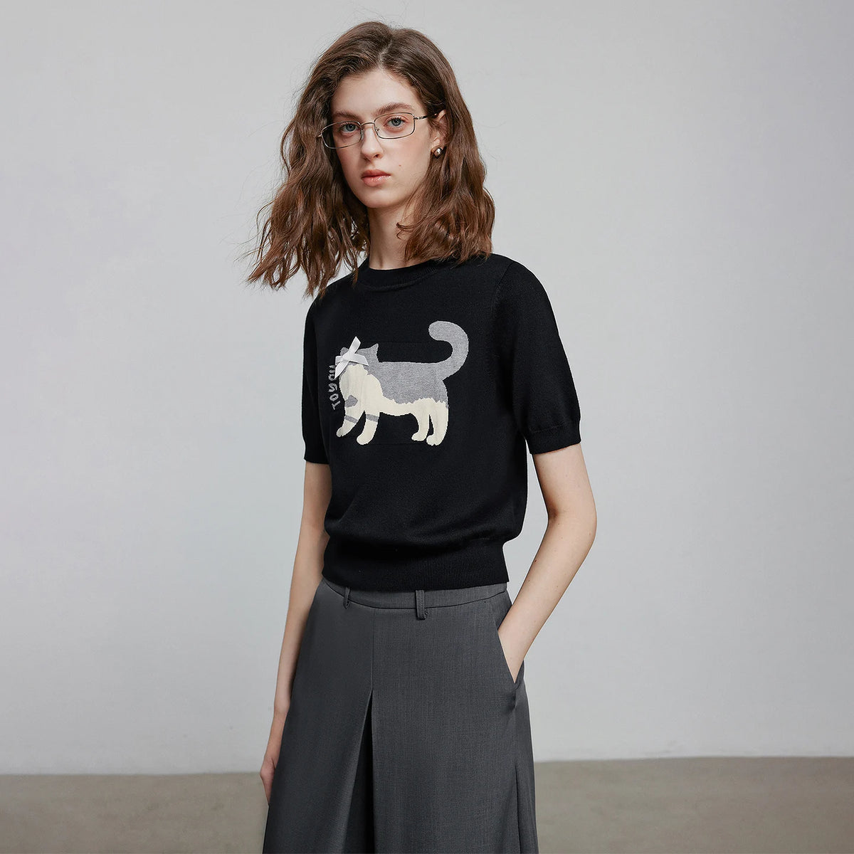 Cat-Motif Knit Tee