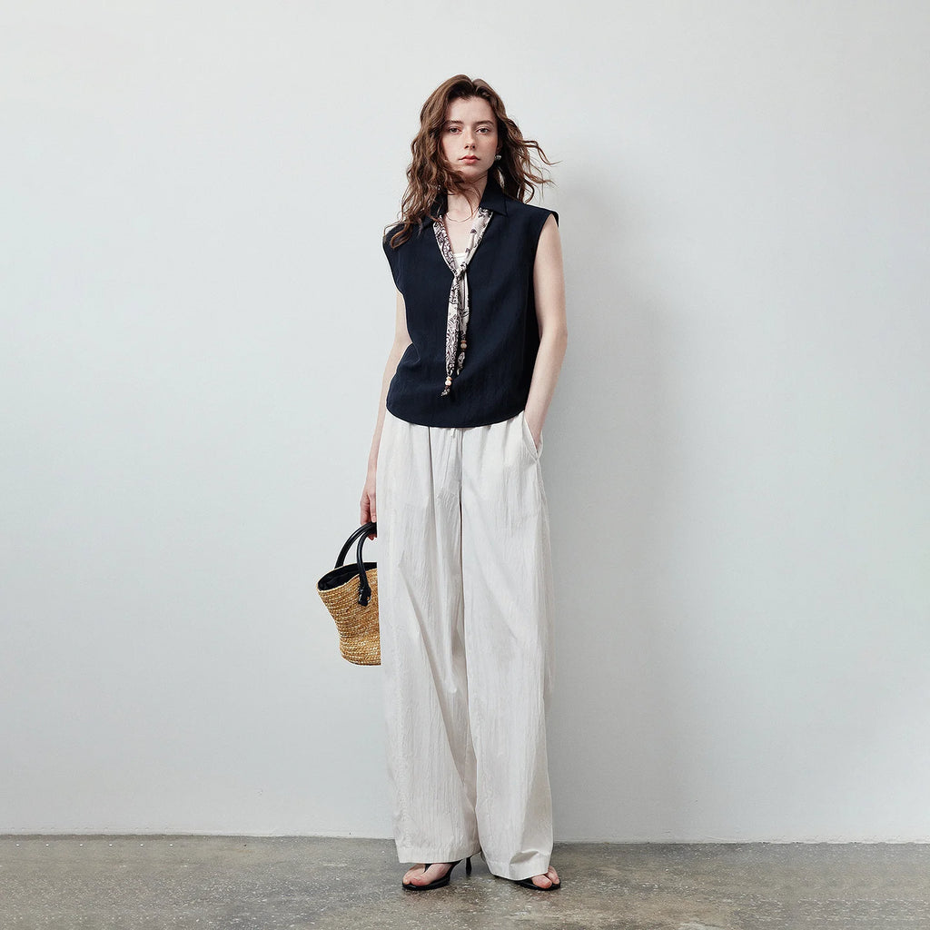 Printed-Placket Sleeveless Blouse