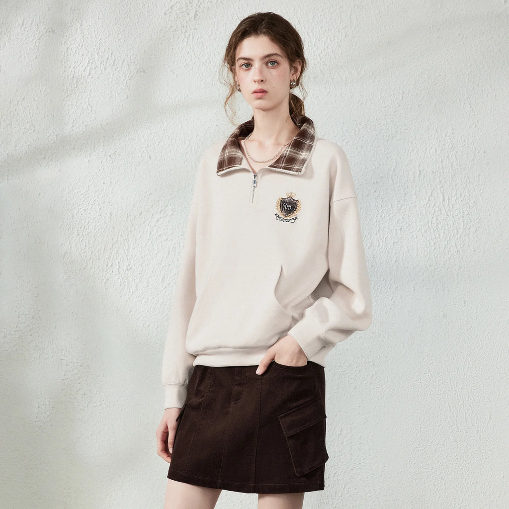 Plaid-Collar Half-Zip Sweatshirt