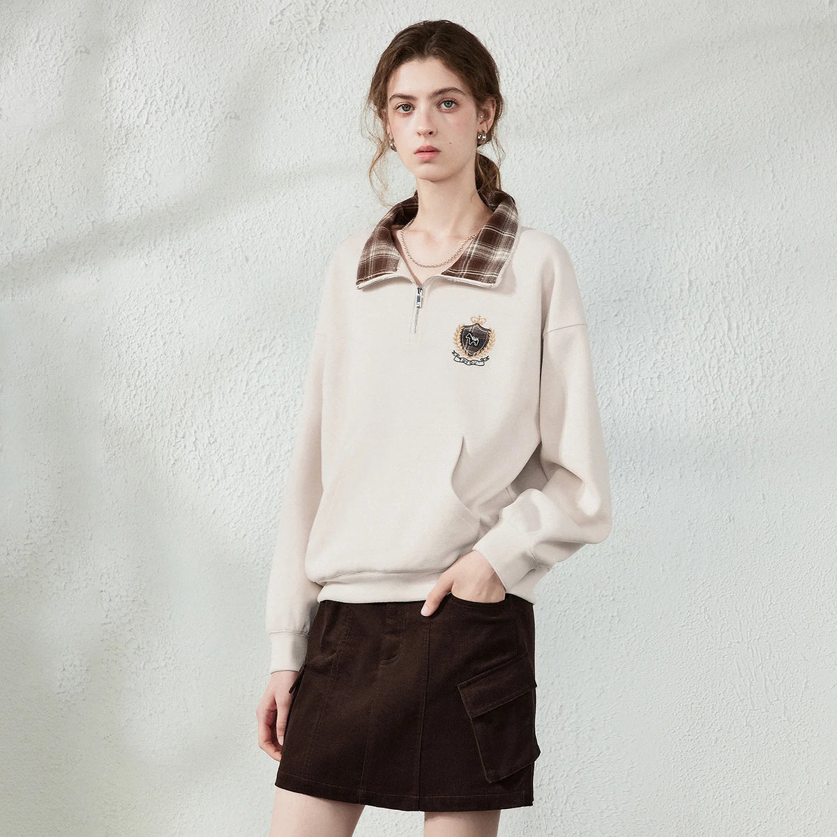 Plaid-Collar Half-Zip Sweatshirt
