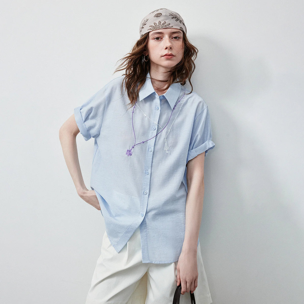 Rolled-Cuff Motif-Detail Shirt