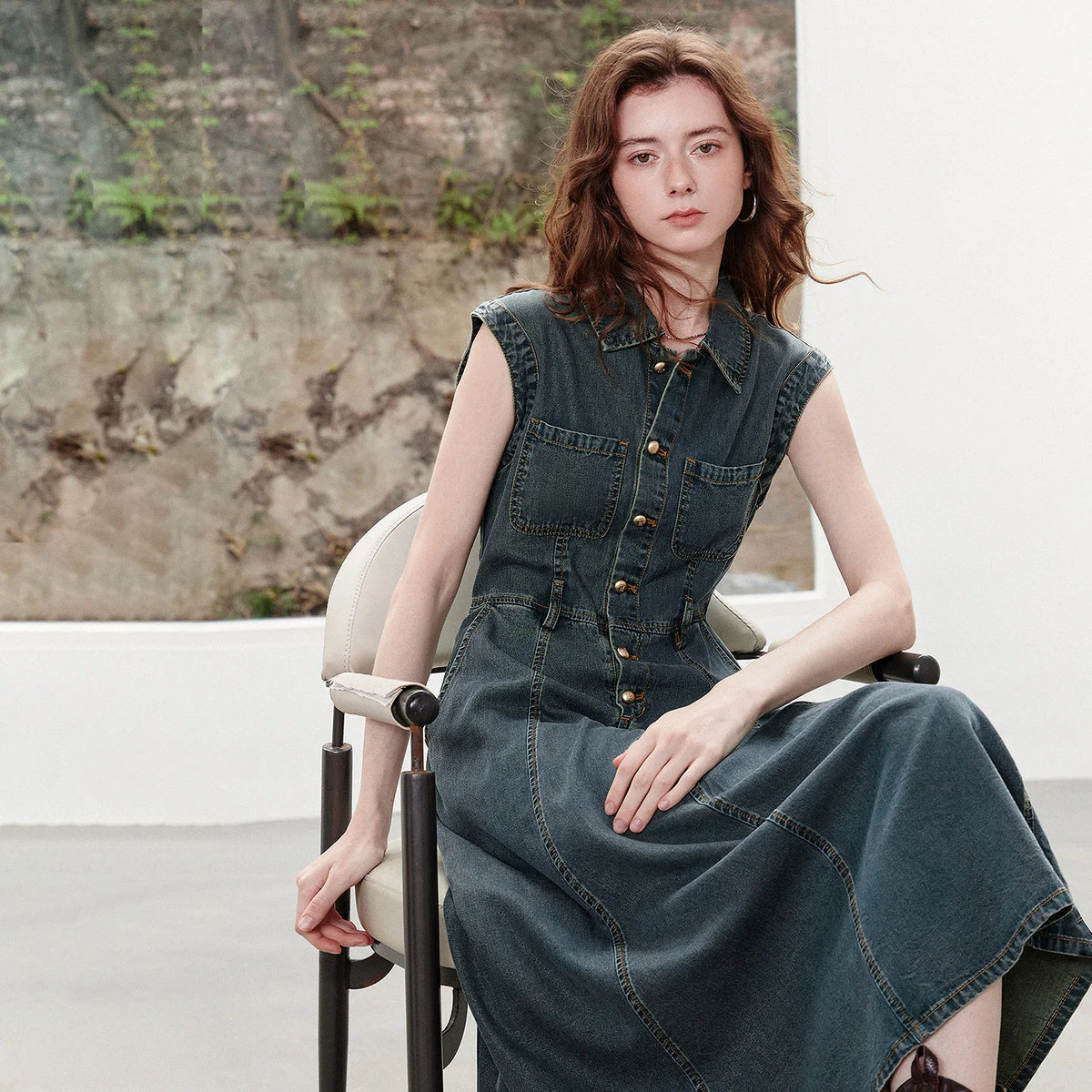 Sleeveless Button-Front Denim Dress