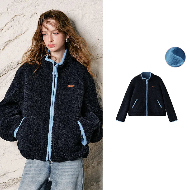 Contrast-Trim Textured Zip Jacket
