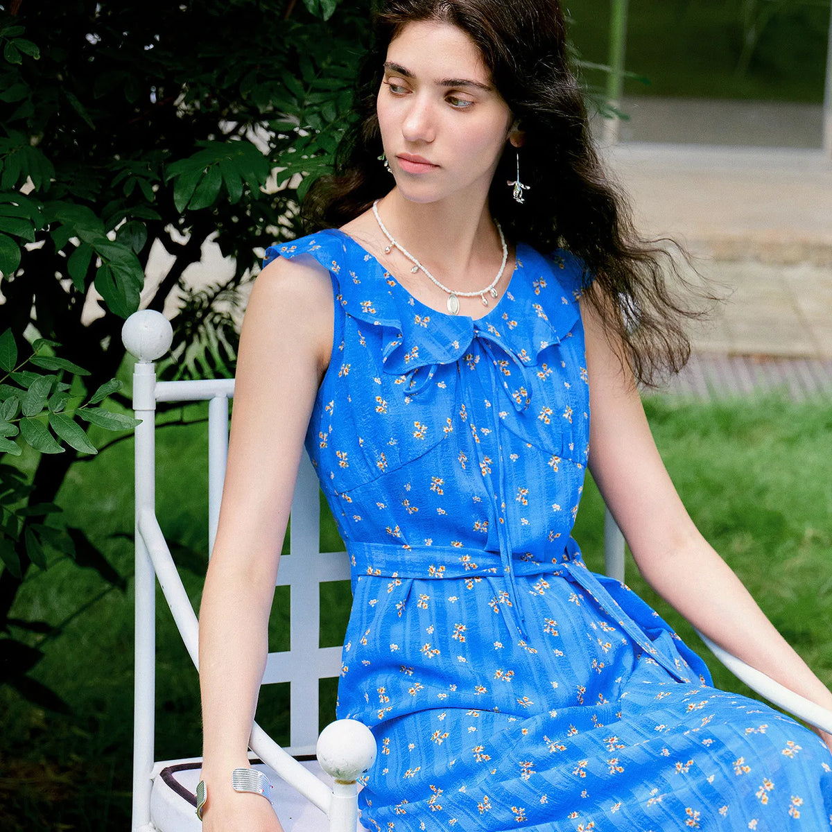 Floral Ruffle-Trim Midi Dress