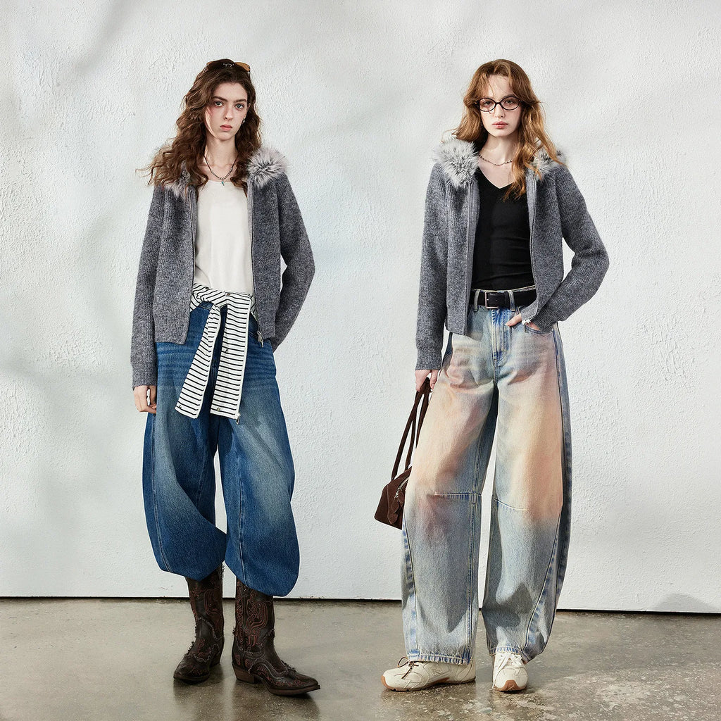 Fluffy-Trim Hooded Knit Cardigan