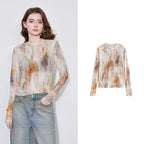 Abstract-Print Sheer Long-Sleeve Top