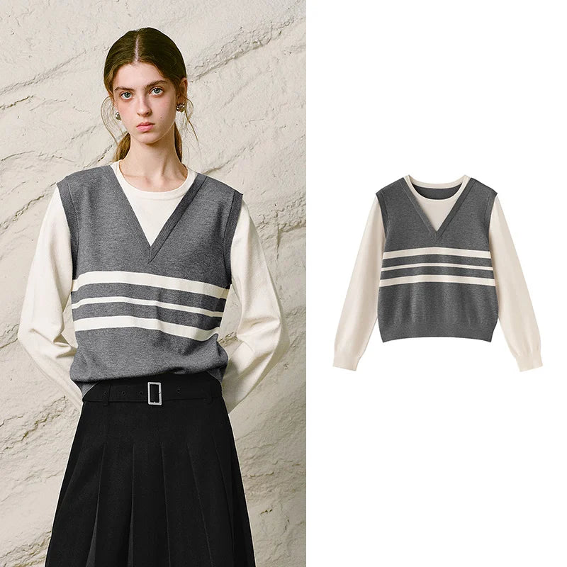 Layered-Look Striped Knit Top