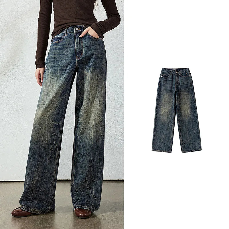 Crackled-Wash Wide-Leg Jeans