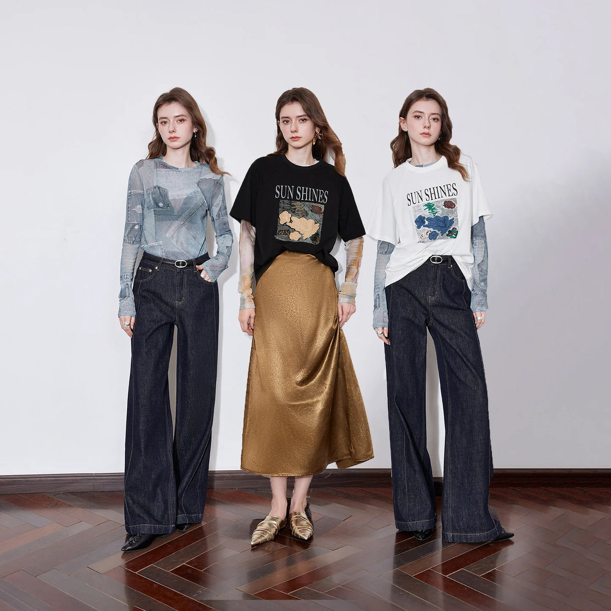 Abstract-Print Sheer Long-Sleeve Top