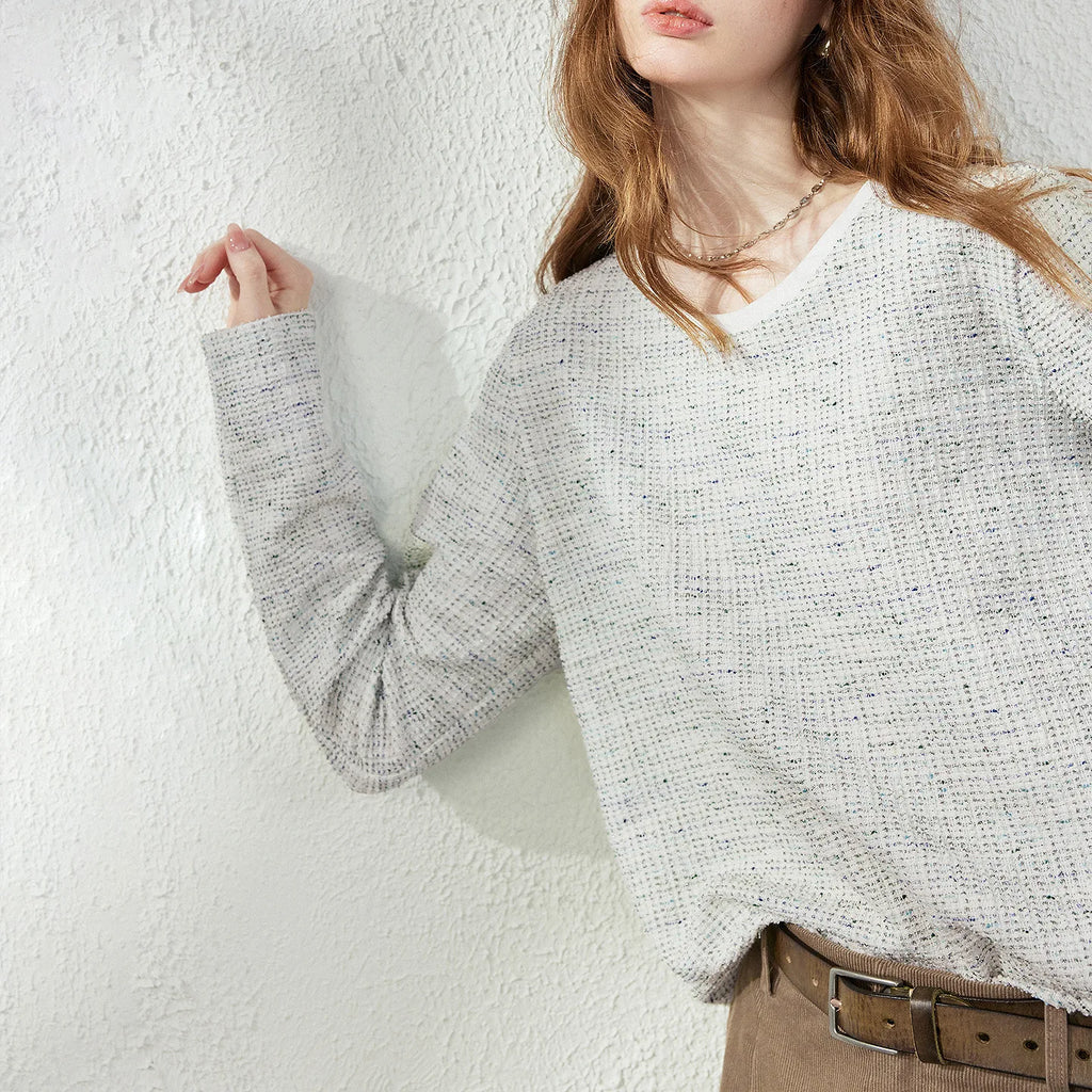 Textured Crewneck Long-Sleeve Knit Top