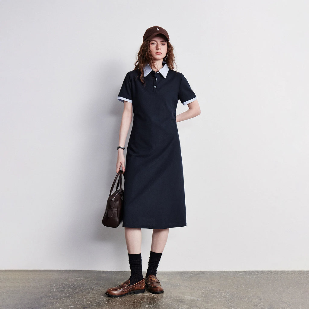 Contrast-Trim Midi Polo Dress