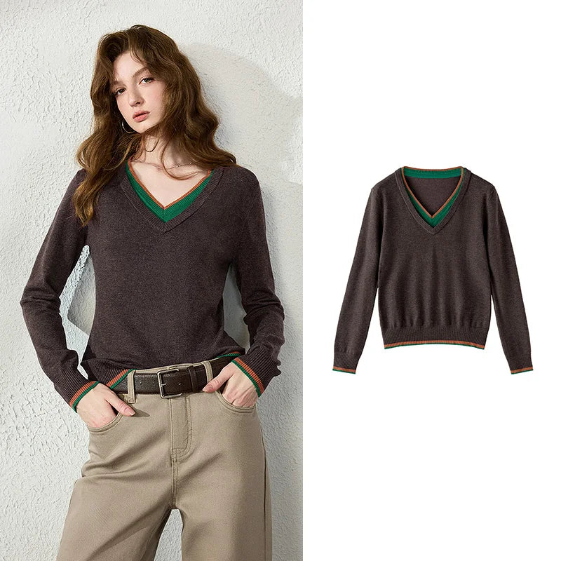 Contrast-Trim V-Neck Sweater
