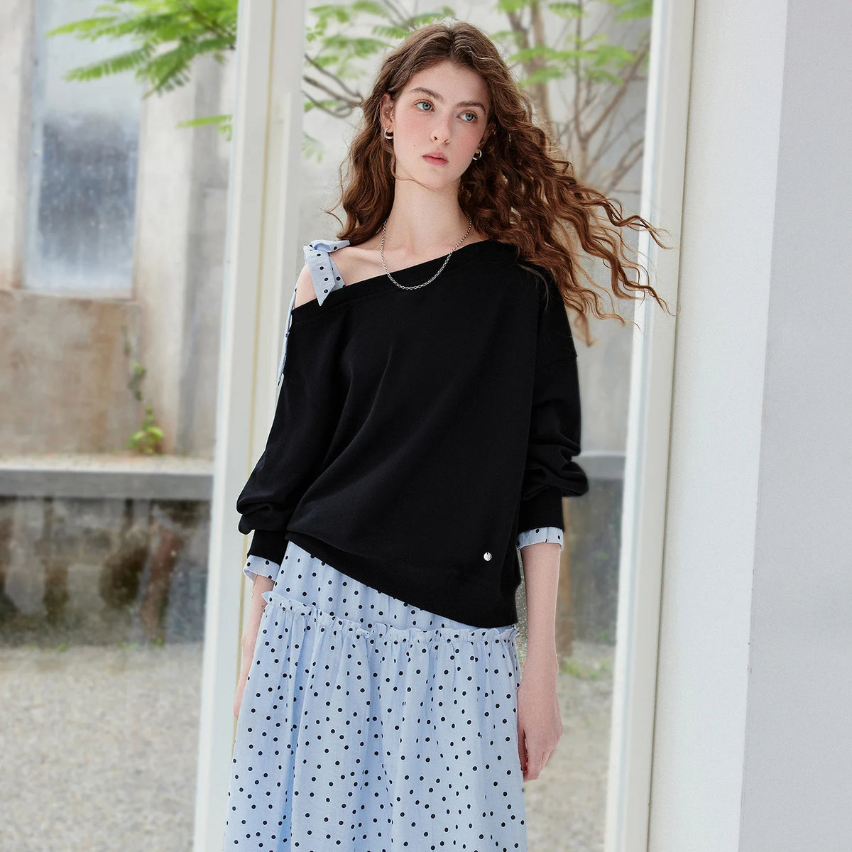 Asymmetric-Neck Bow-Detail Sweatshirt
