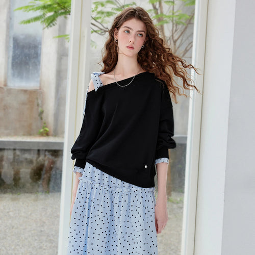 Asymmetric-Neck Bow-Detail Sweatshirt