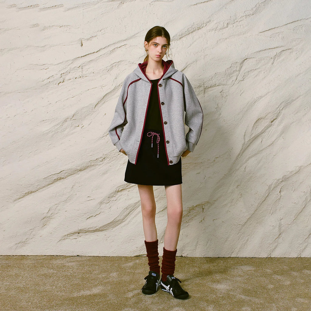 Contrast-Trim Button-Front Hoodie