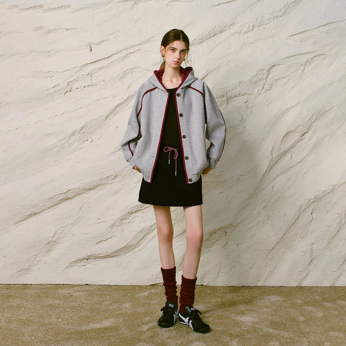 Contrast-Trim Button-Front Hoodie