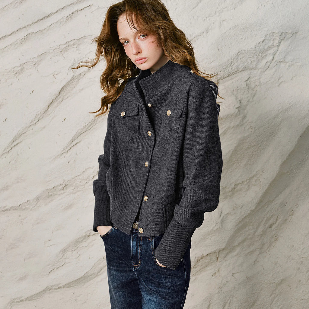Stand-Collar Button Jacket