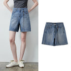 Seamed Wide-Leg Denim Shorts