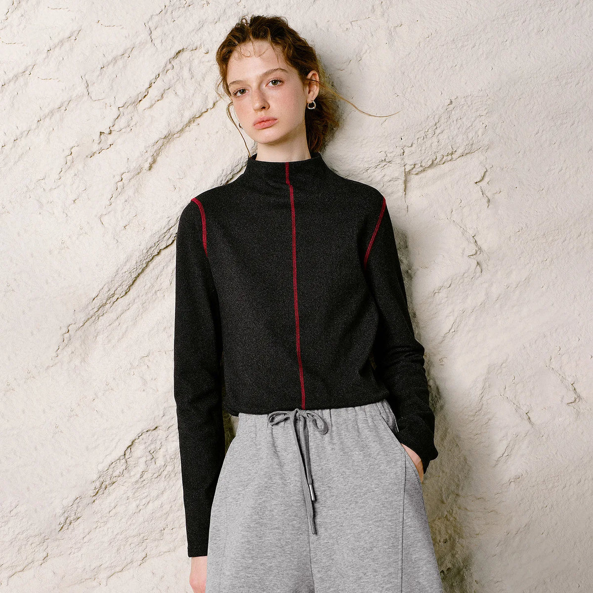 Contrast-Seam Mock-Neck Top
