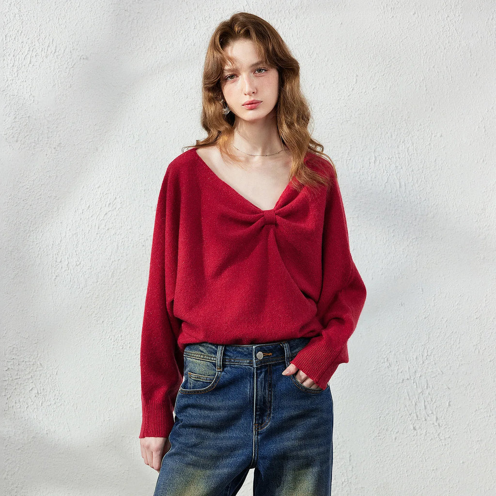 Bow-Detail V-Neck Sweater