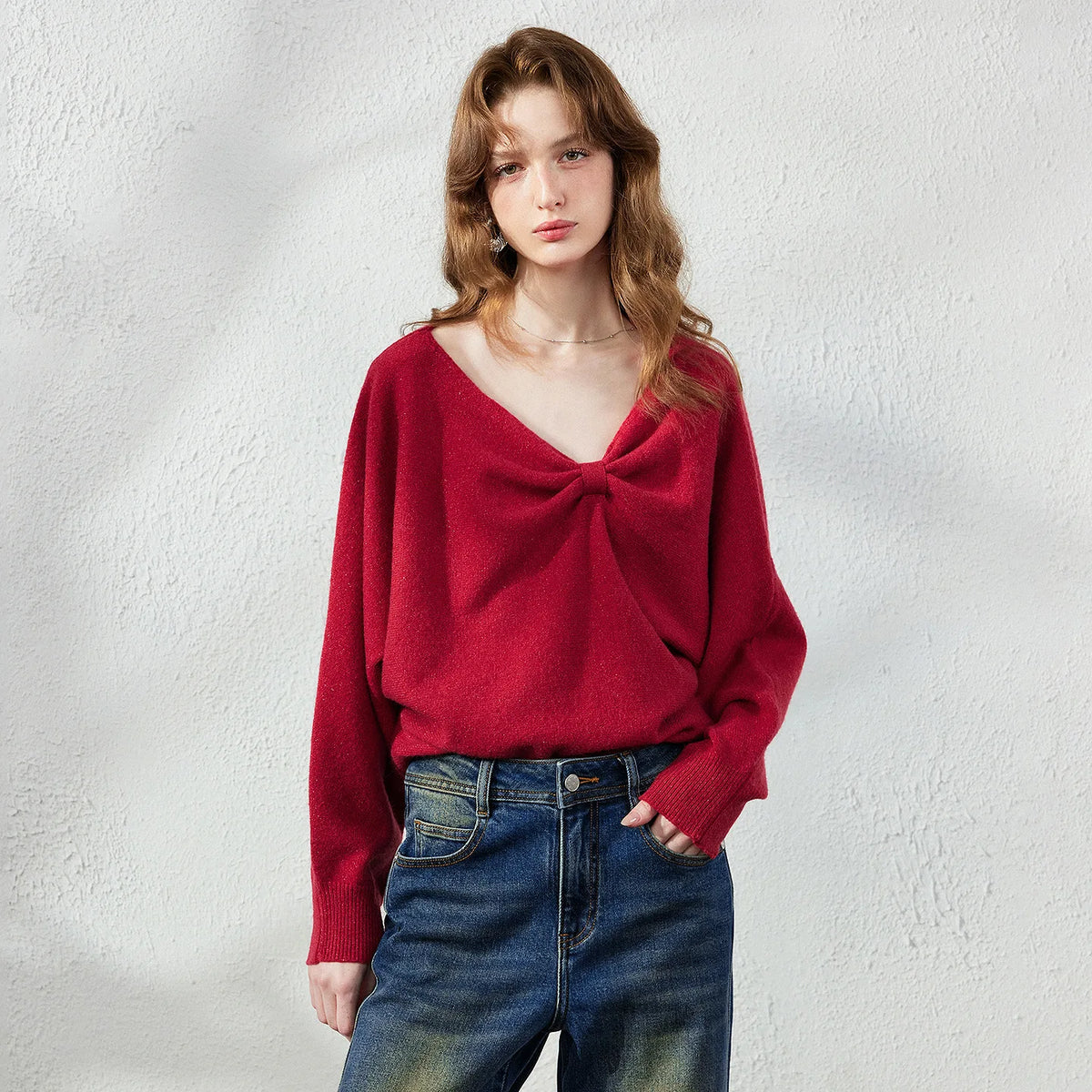 Bow-Detail V-Neck Sweater