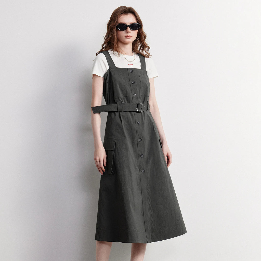 Square-Neck Belted Pinafore Dress