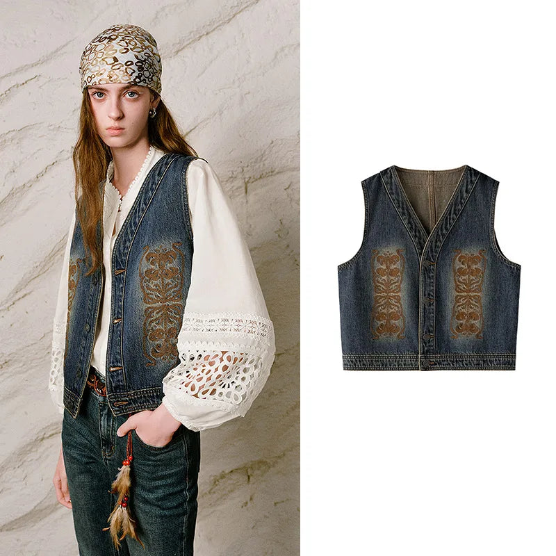 Ornate-Motif Button-Front Denim Vest