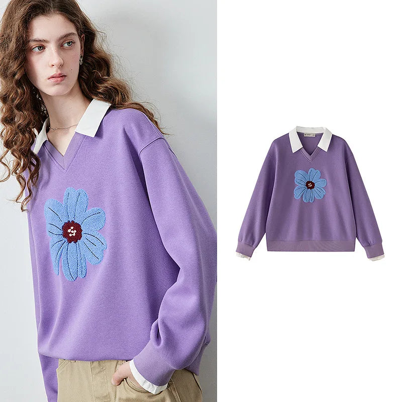 Floral Contrast-Collar Sweatshirt
