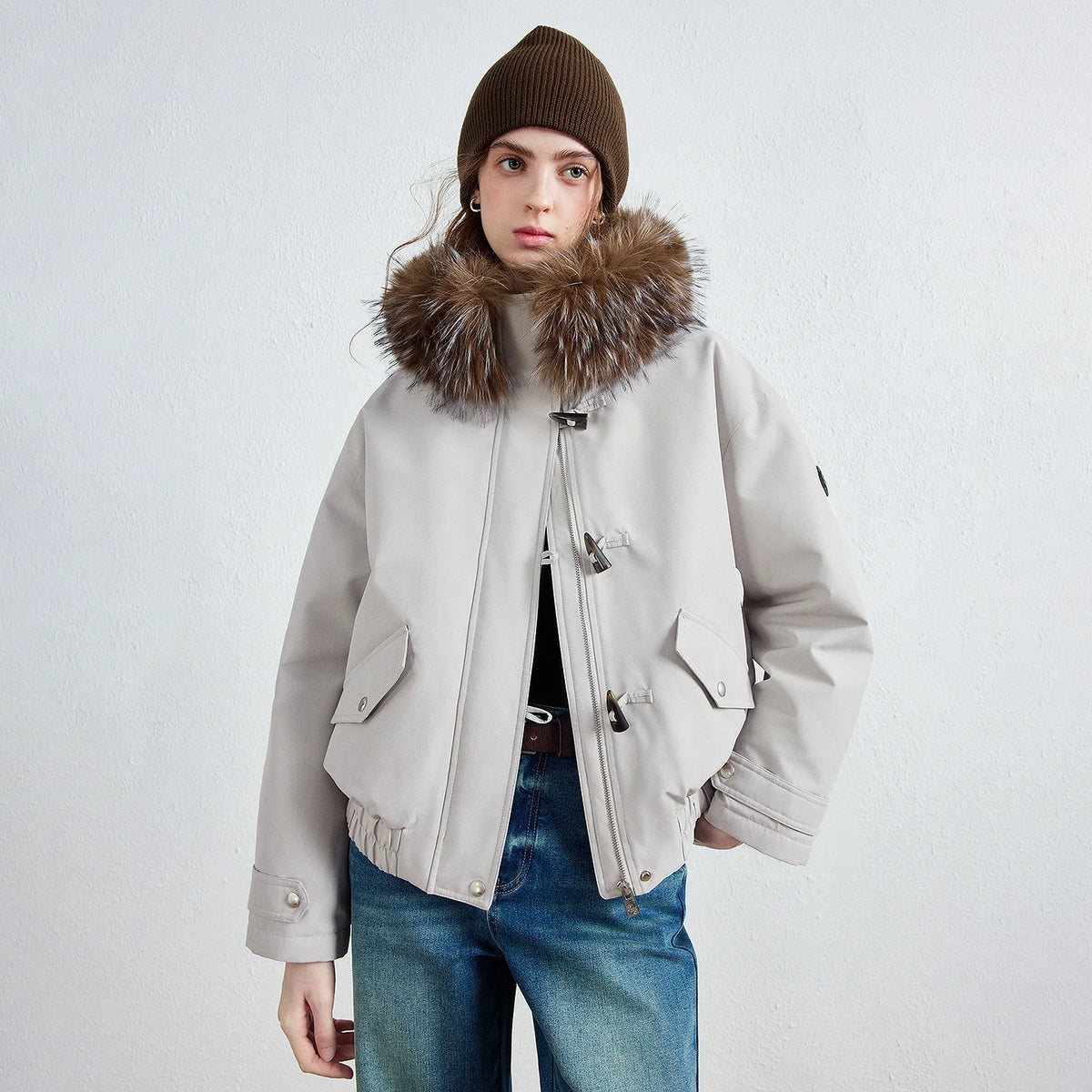 Shaggy-Trim Hooded Toggle Jacket