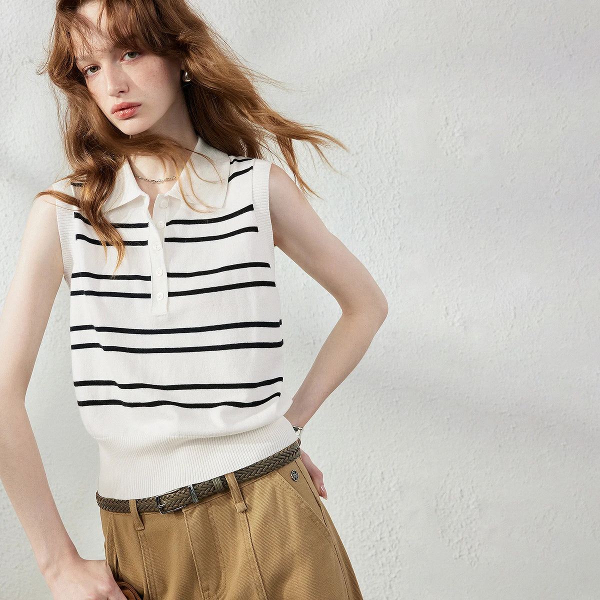 Striped Sleeveless Knit Polo