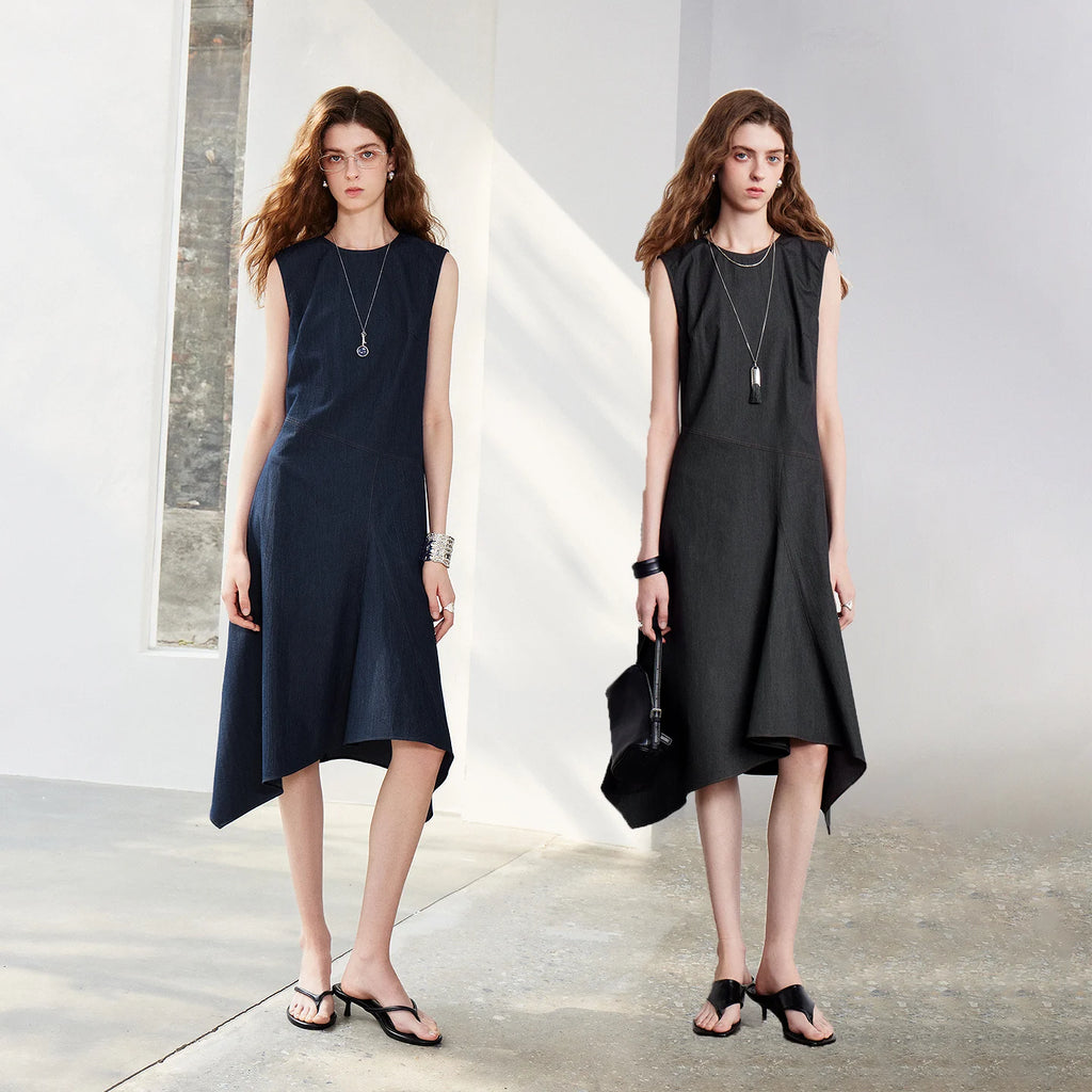 Asymmetric-Hem Sleeveless Dress
