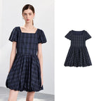 Plaid Puff-Sleeve Mini Dress