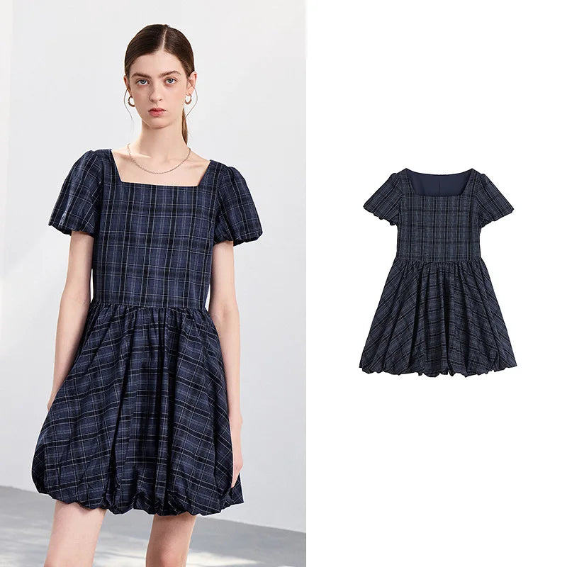Plaid Puff-Sleeve Mini Dress