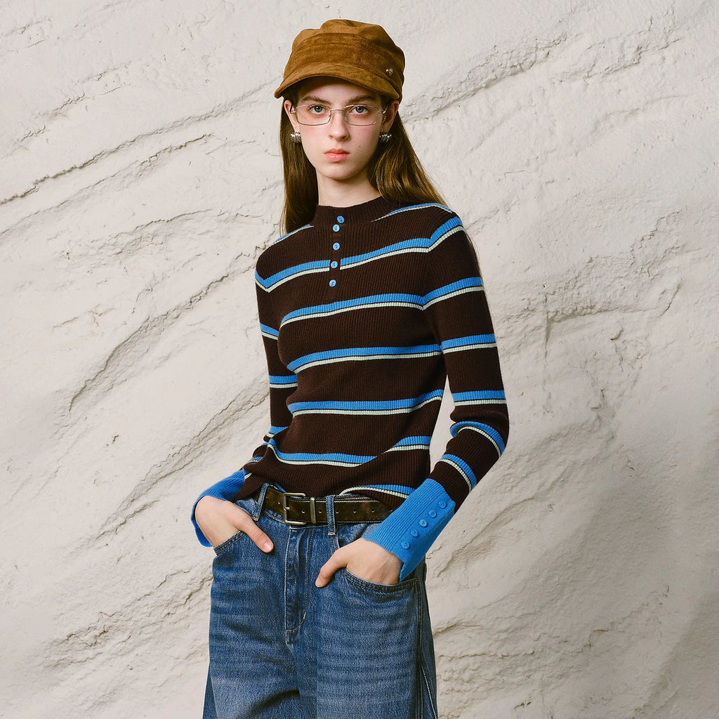 Striped Button-Neck Sweater
