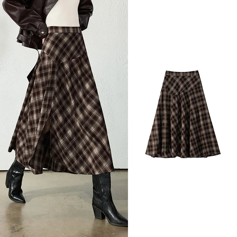 Asymmetric Plaid Midi Skirt