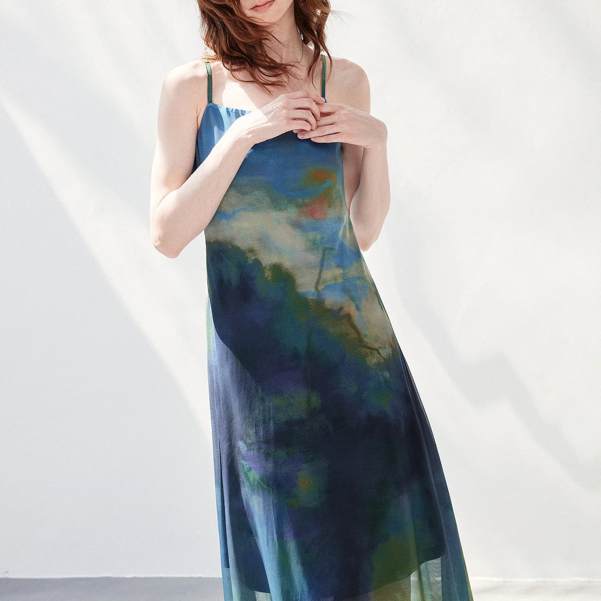 Watercolor-Print Long Slip Dress