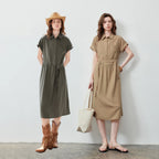 Belted Short-Sleeve Midi Shirt Dress