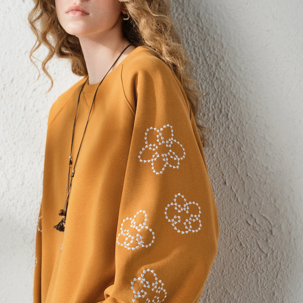 Floral-Sleeve Collared Sweatshirt