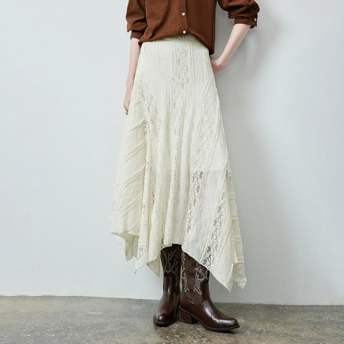 Asymmetric Lace Midi Skirt