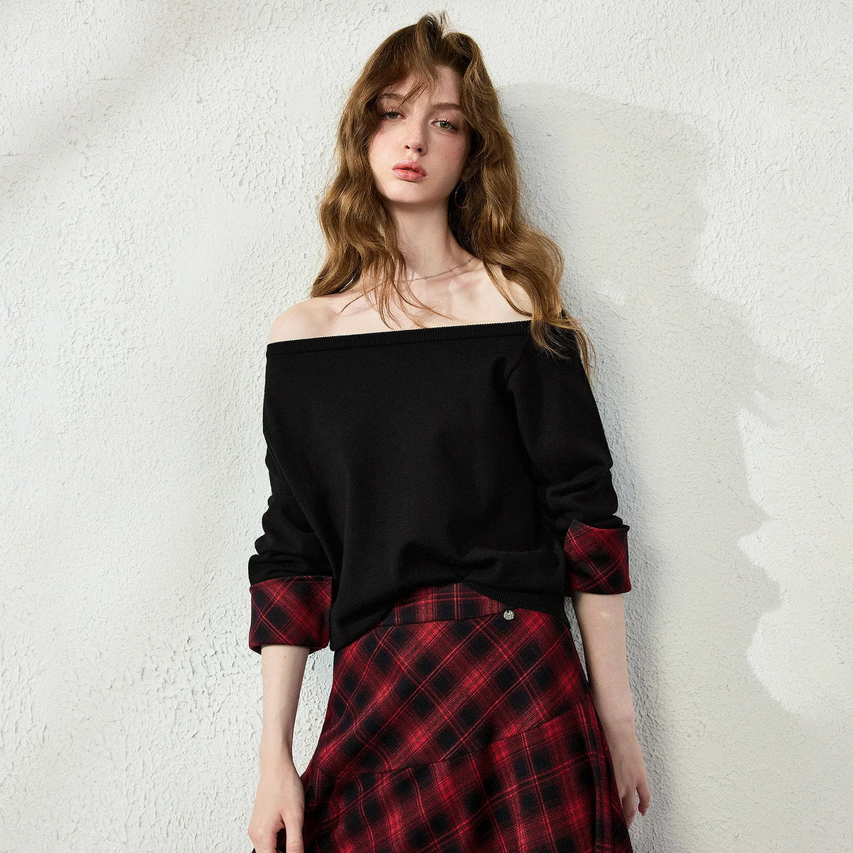 Plaid-Cuff Off-Shoulder Knit Top