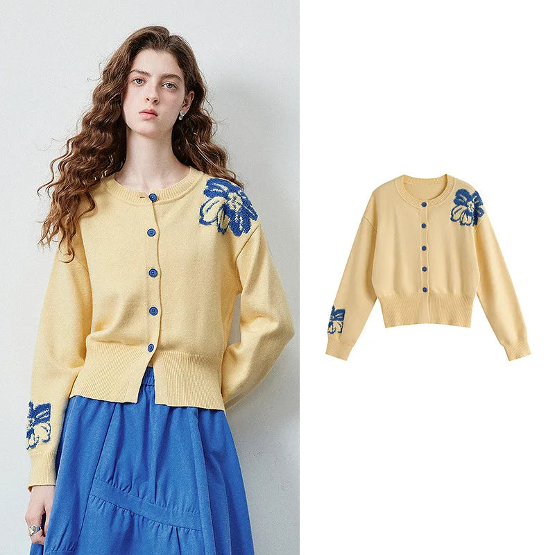 Floral-Motif Crewneck Cardigan