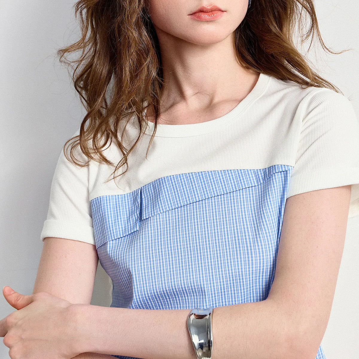 Layered-Look Plaid-Panel Tee