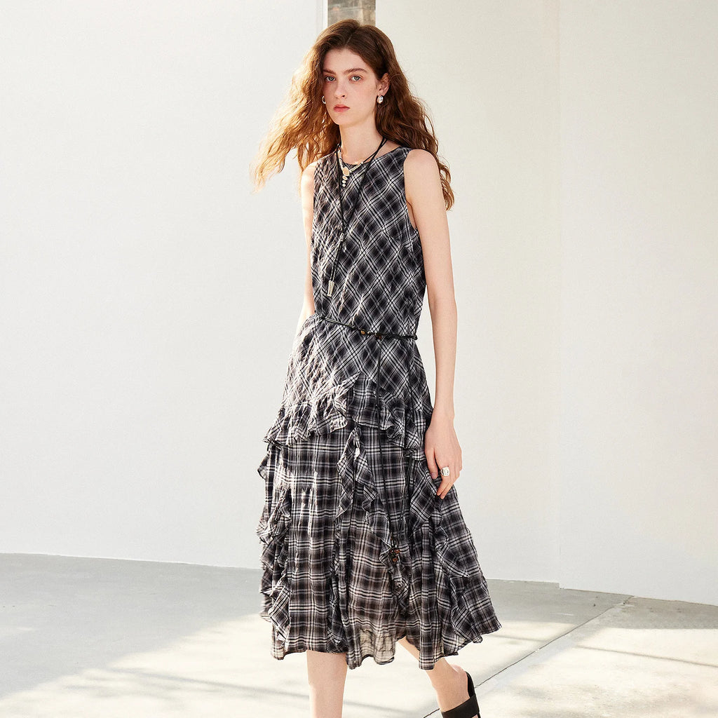 Plaid Ruffled Midi Dress