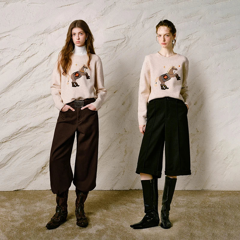 Horse-Motif Crewneck Sweater