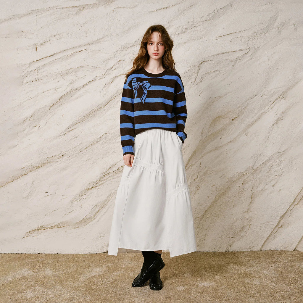 Bow-Motif Striped Knit Sweater
