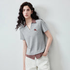 Layered-Look Plaid-Collar Polo Top
