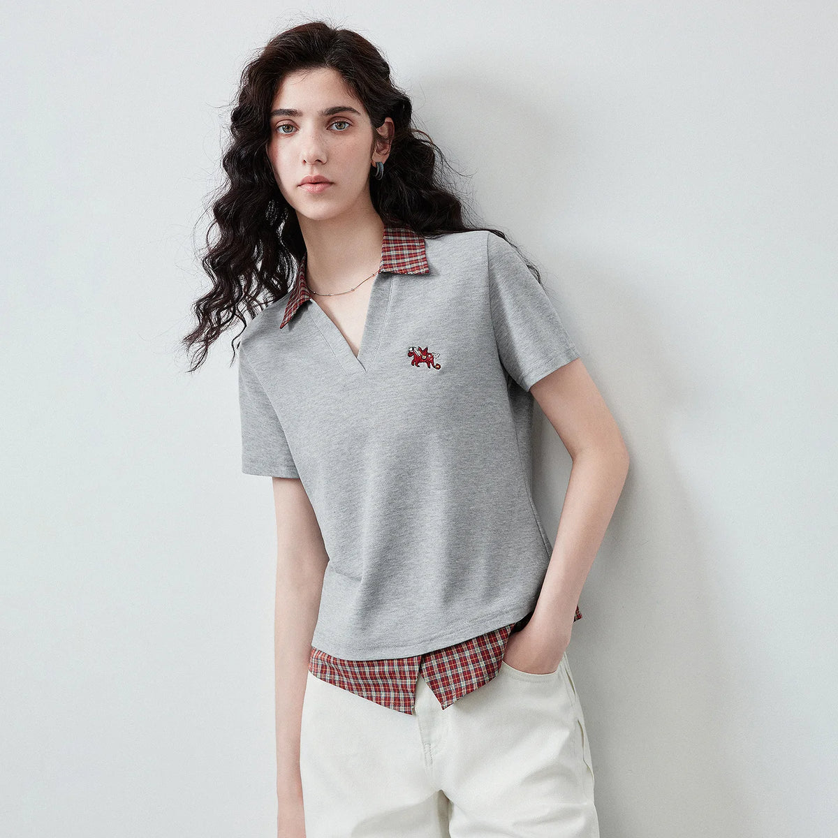 Layered-Look Plaid-Collar Polo Top
