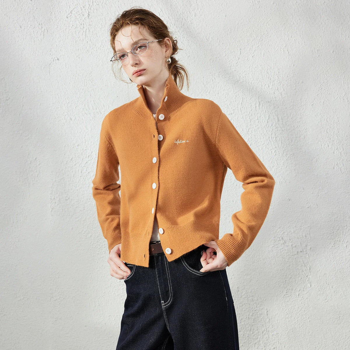 Stand-Collar Button Cardigan
