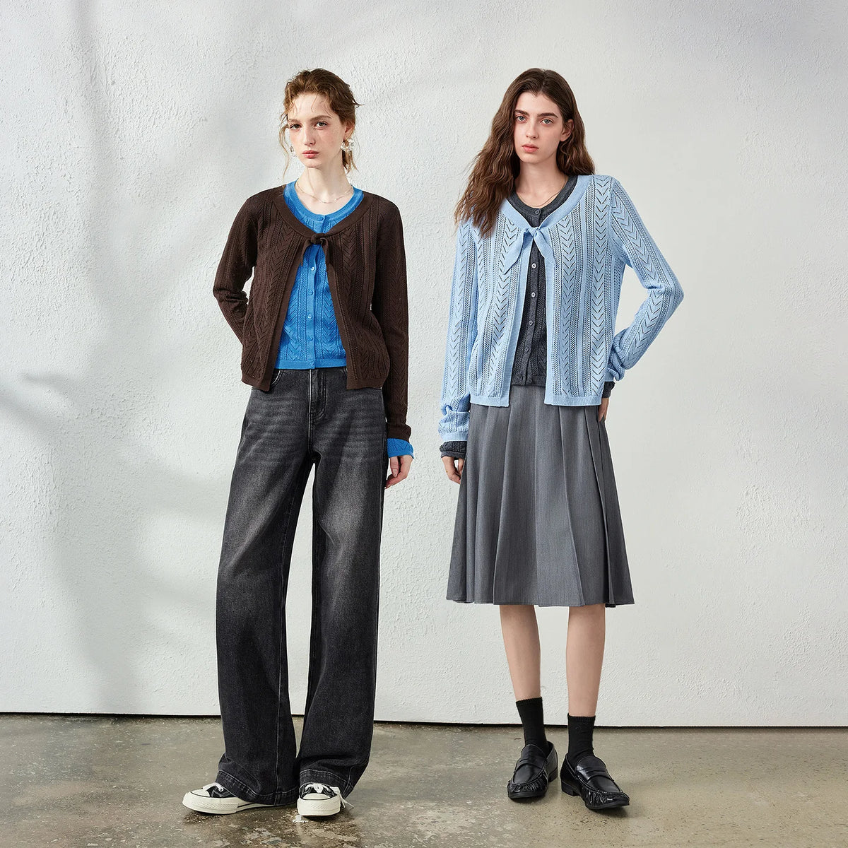 Layered-Look Tie-Front Knit Cardigan