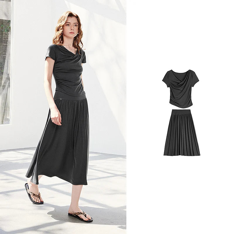 Draped Top and Midi Skirt Set
